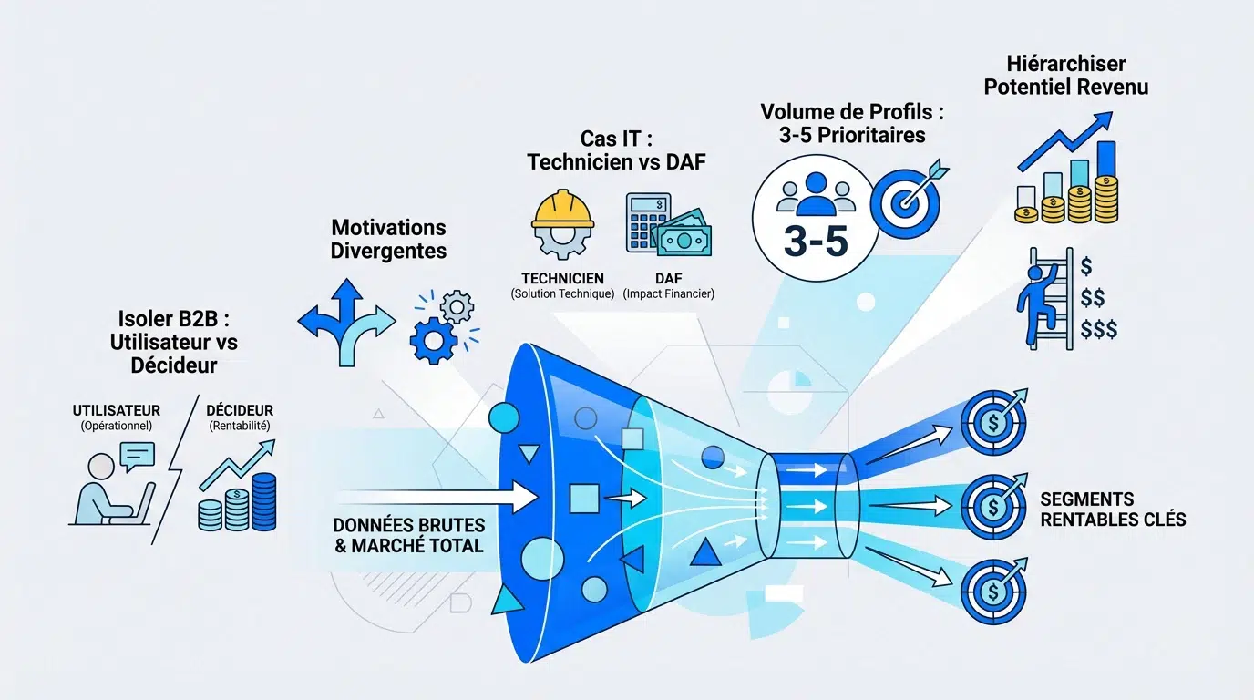 Infographie détaillant la segmentation stratégique et l'identification des segments rentables pour la création de personas marketing